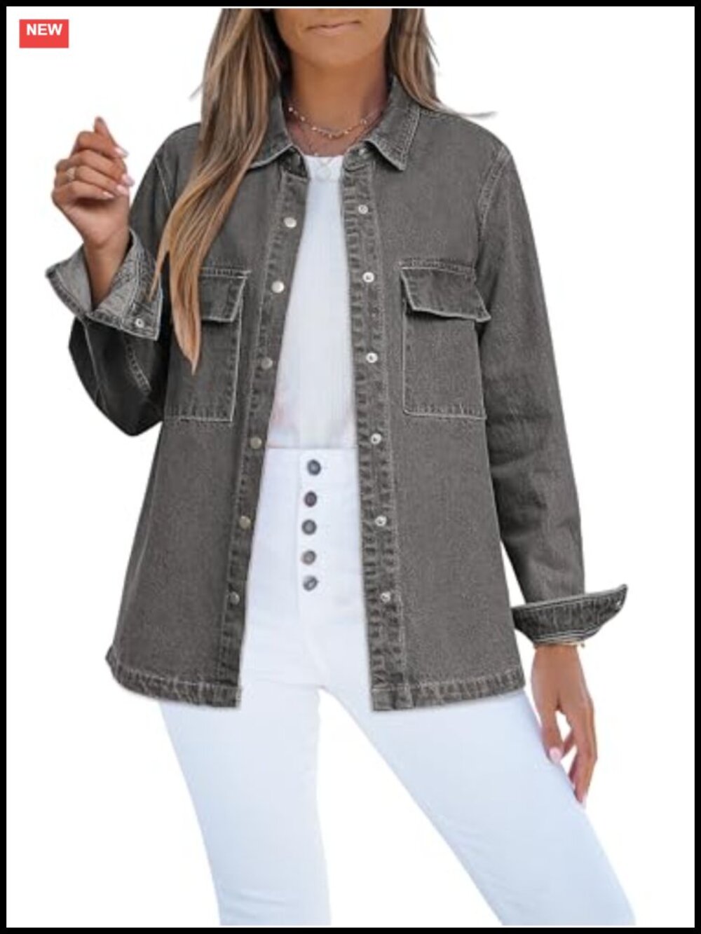 Oversized Button Down Denim Jacket Western Shacket with Pockets